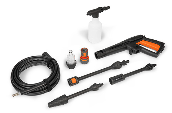 Помимо моющей насадки Home&Car Jet, в комплект поставки входит все необходимое: мягкий шланг высокого давления длиной 6м, грязевая фреза, пеногенератор, фильтр тонкой очистки, коннектор для садового шланга DWC 2500 с функцией аквастоп.